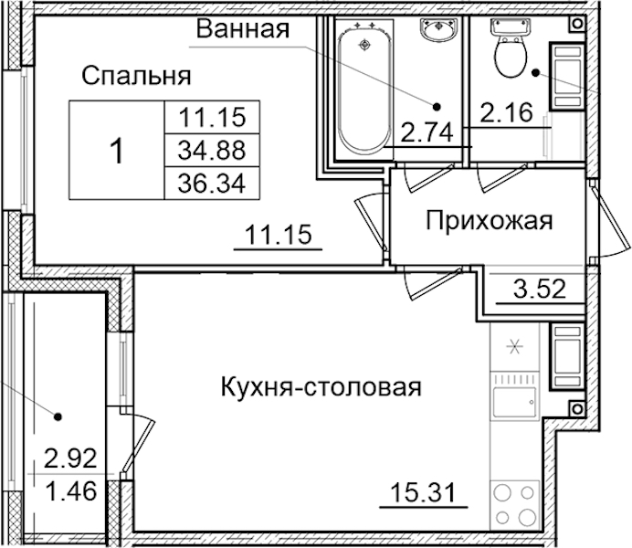 1-комнатная квартира 36.34 м², 5/9 эт., ЖК «Квартал Заречье»